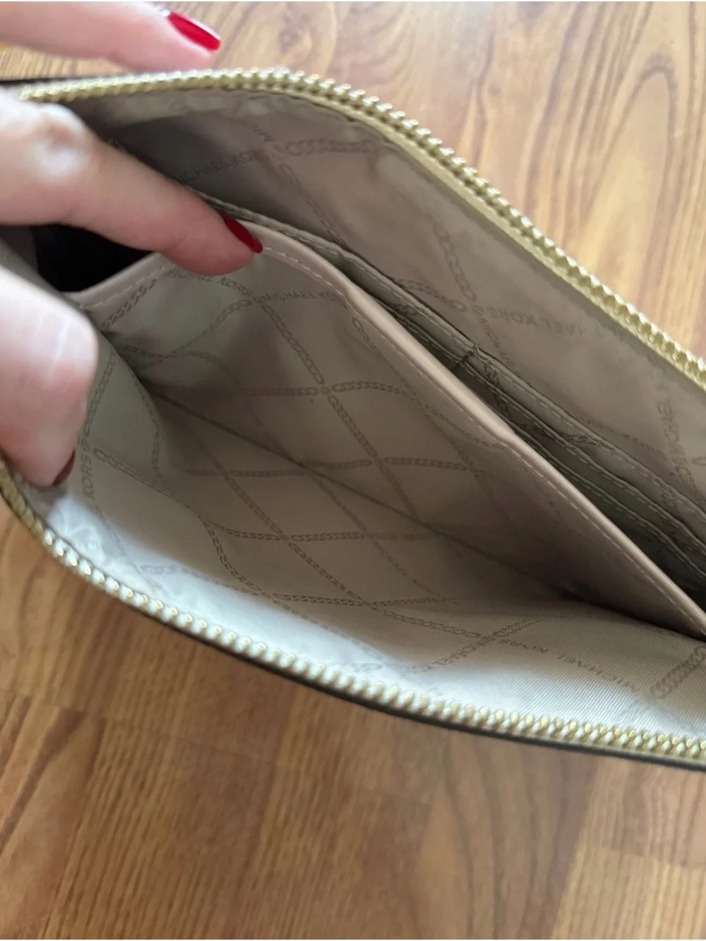 Michael Kors Beige and Blush Stripe Signature Wristlet Clutch
